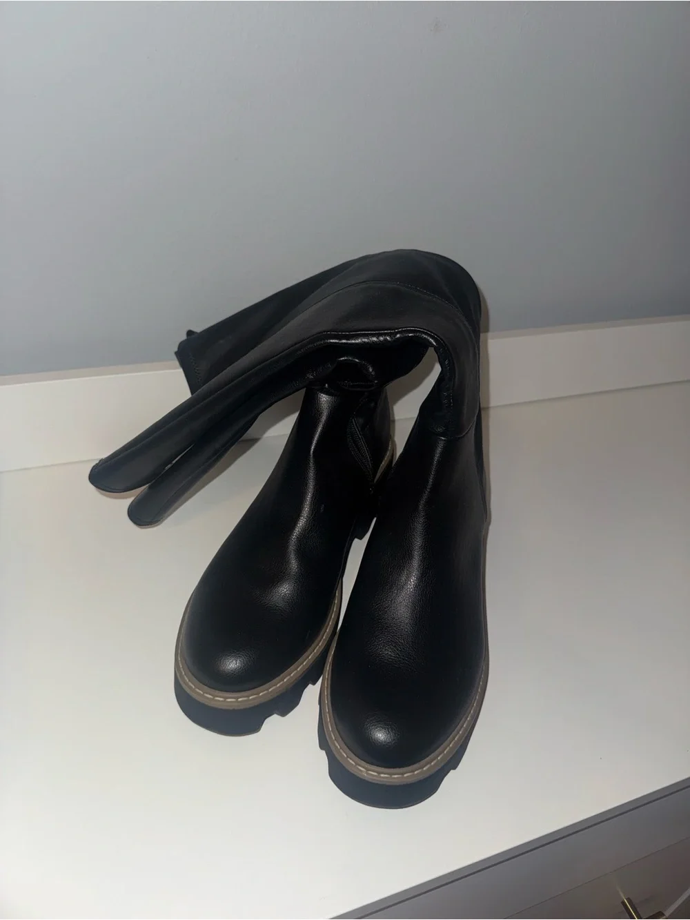 NWOT Dolce Vita Black Over-the-Knee Leather Boots with Tan Welt